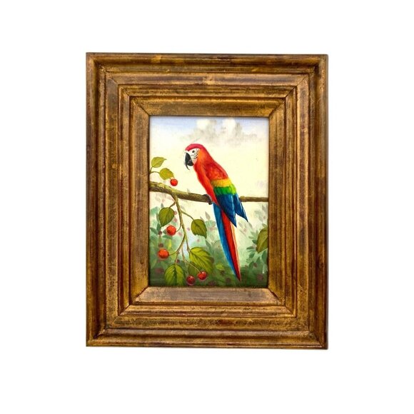 Parrot Painting Bird Art Red Macaw Oil on Canvas Vintage Tropical Wall Decor